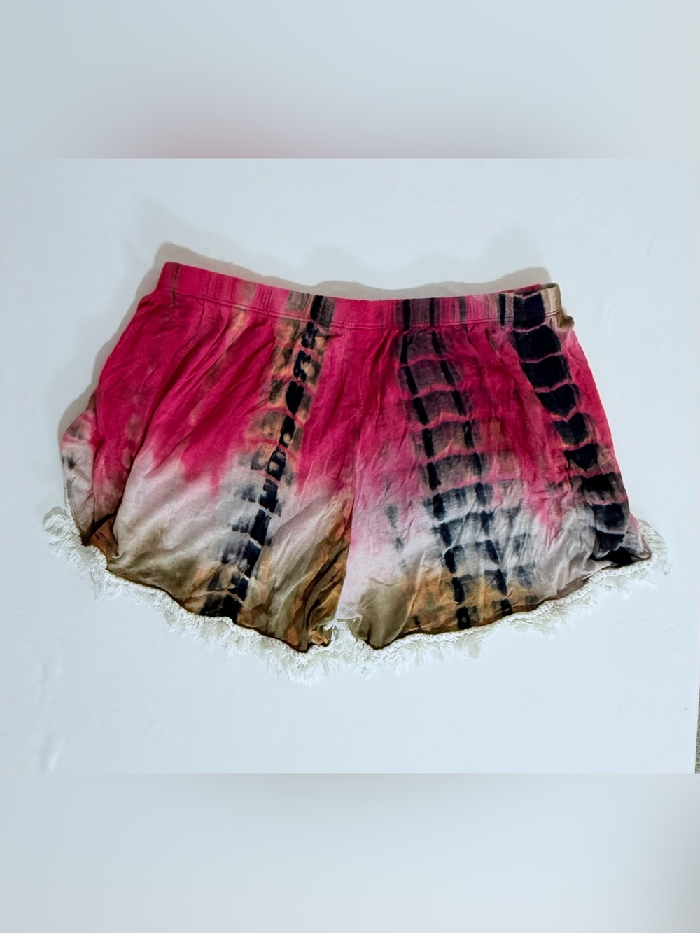 NATURAL LIFE Tie-Dye Fringe Athletic Shorts - Pink, Brown, Black - Picture 2 of 2